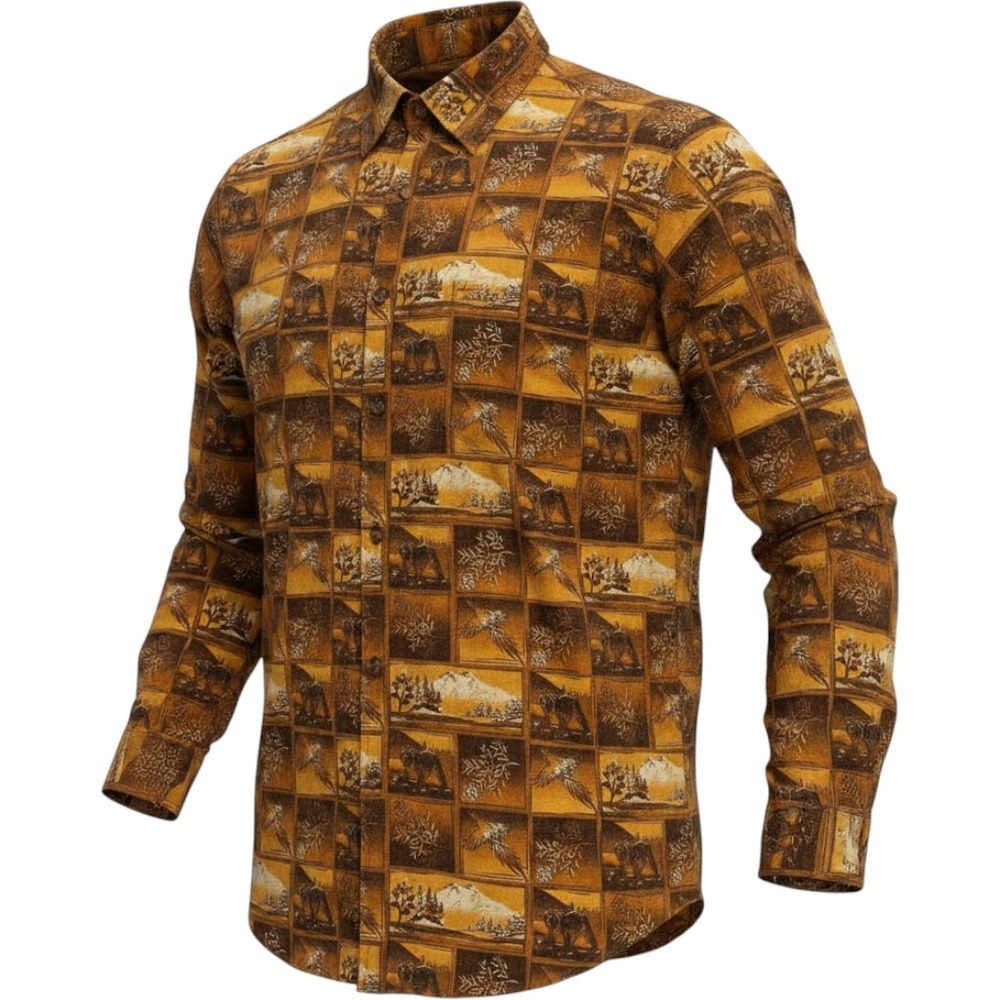 Woolrich Button Down Shirt Mens L Nutmeg Outdoor Woodcut Boxes‎ Bear Mountain